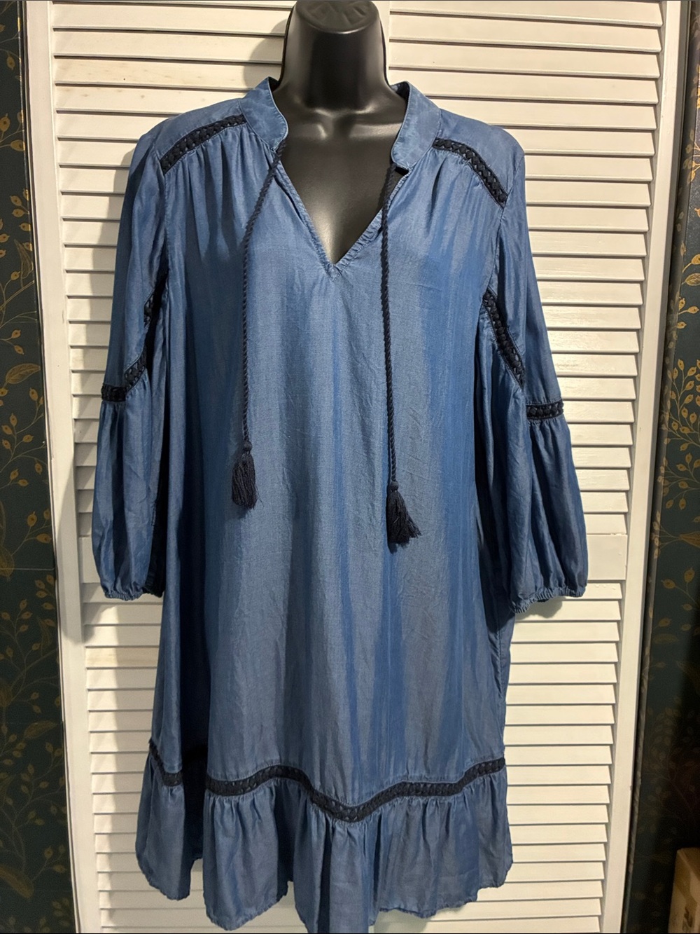 crown & ivy Chambray Blue Tassel Tie Mini Dress